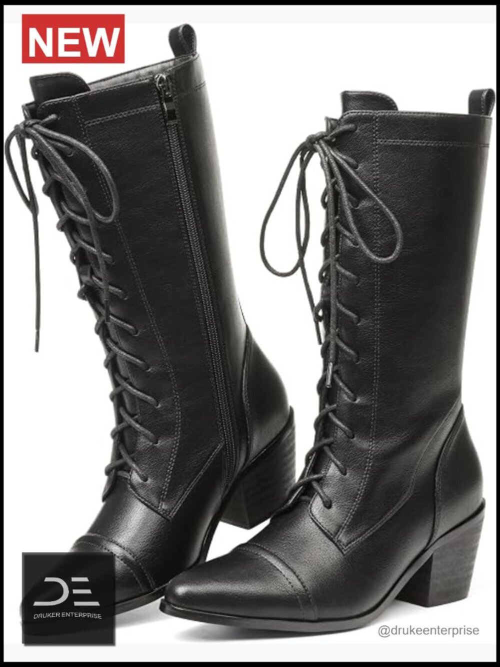 Mid Calf Boots Lace Up Chunky Heel Vintage Combat Boots